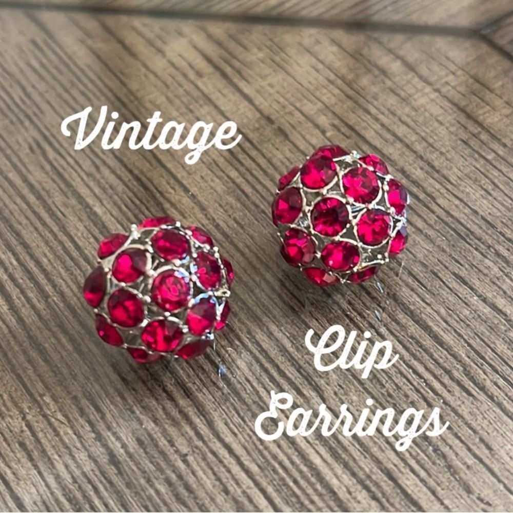 Vintage Cut Glass Ruby Red Rhinestone Done Clip Earrings